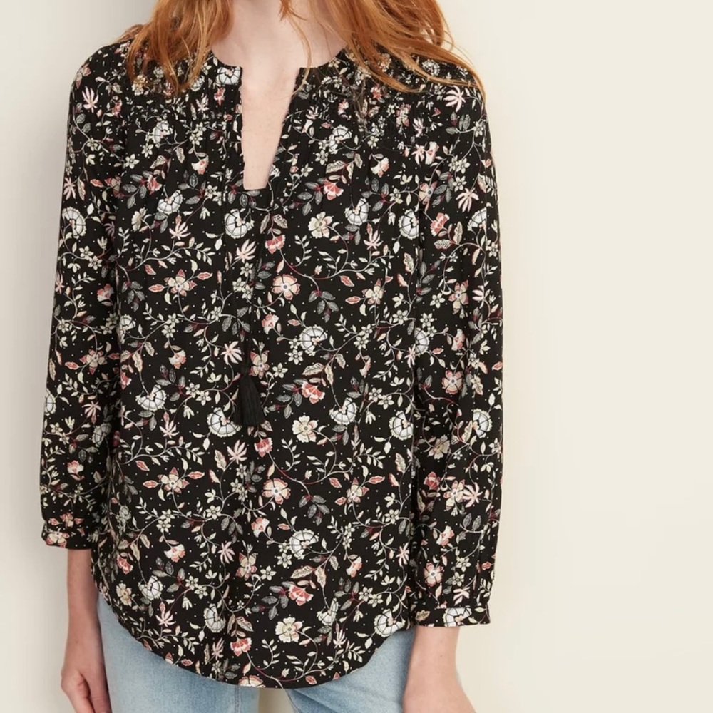 Old Navy floral print blouse with tassels. Brand New with tag.